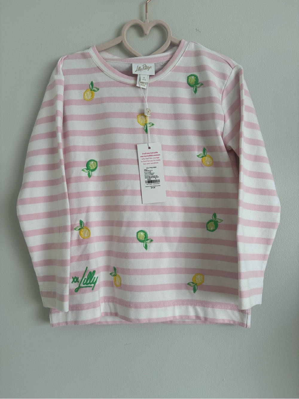 Lilly Pulitzer Girls' Pink Striped Lemon Embroidered Long-Sleeve Top 4-5 y